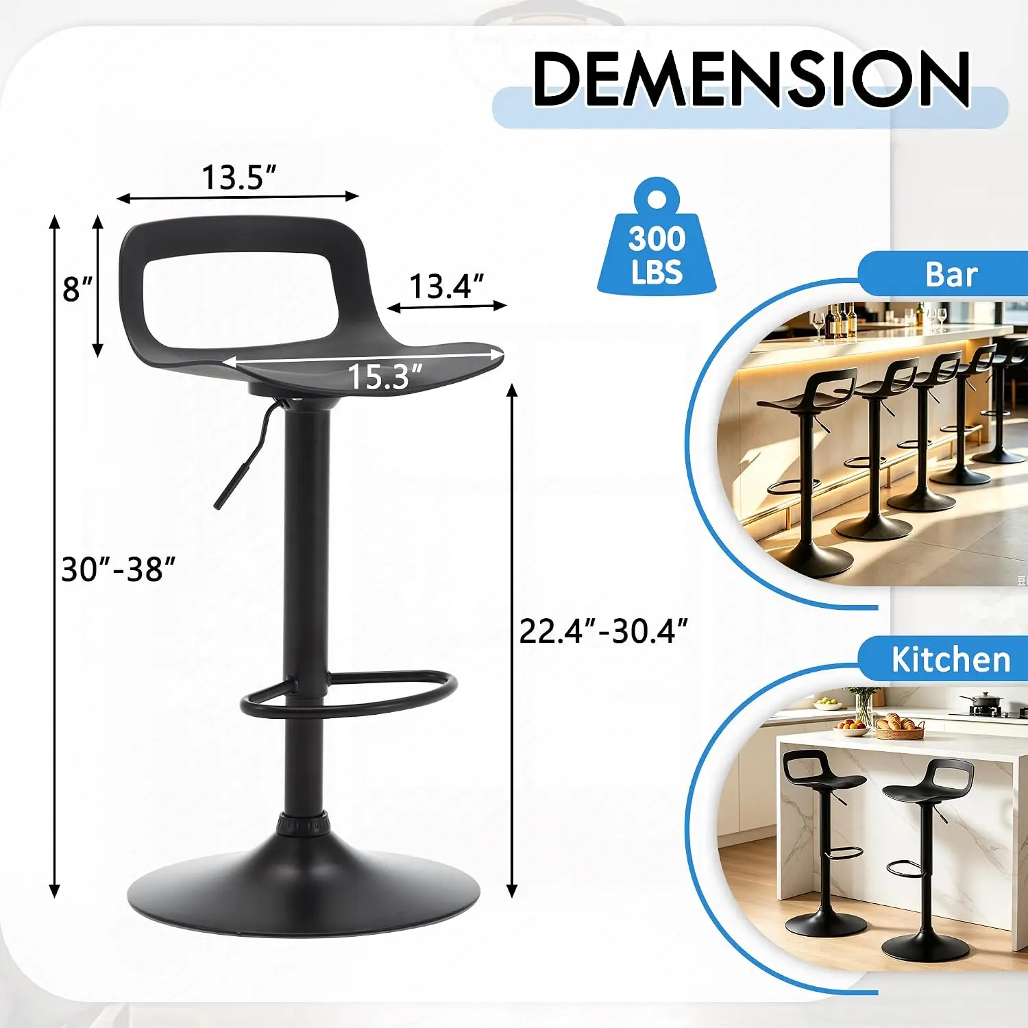 Adjustable Swivel Bar Stools 4pcs With Back & Footrest, Counter Height Armless Plastic Kitchen Island Chair, Black, Customized