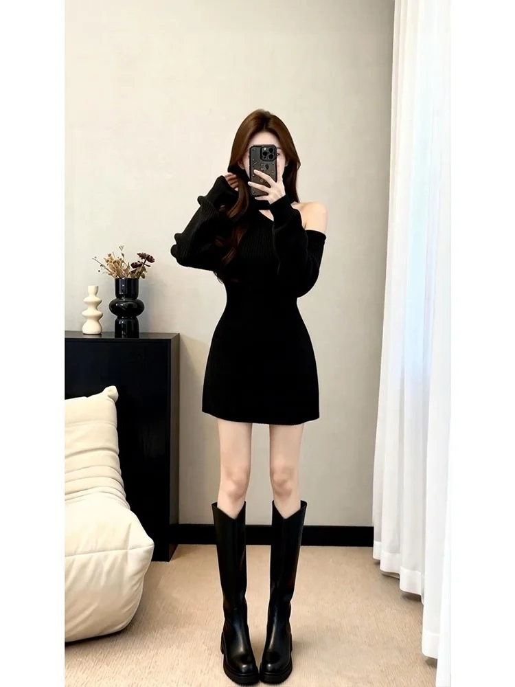 Black Off-Shoulder Long Sleeve Knitted Dress Women's Waist-Cinching Neckline Short Bodycon Dress French Style Casual Wear
