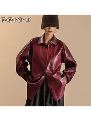 TWOTWINSTYLE Solid PU Outerwear For Women Lapel Long Sleeve Spliced Pocket Streetwear Casual Shirt Coats Female Fashion Style