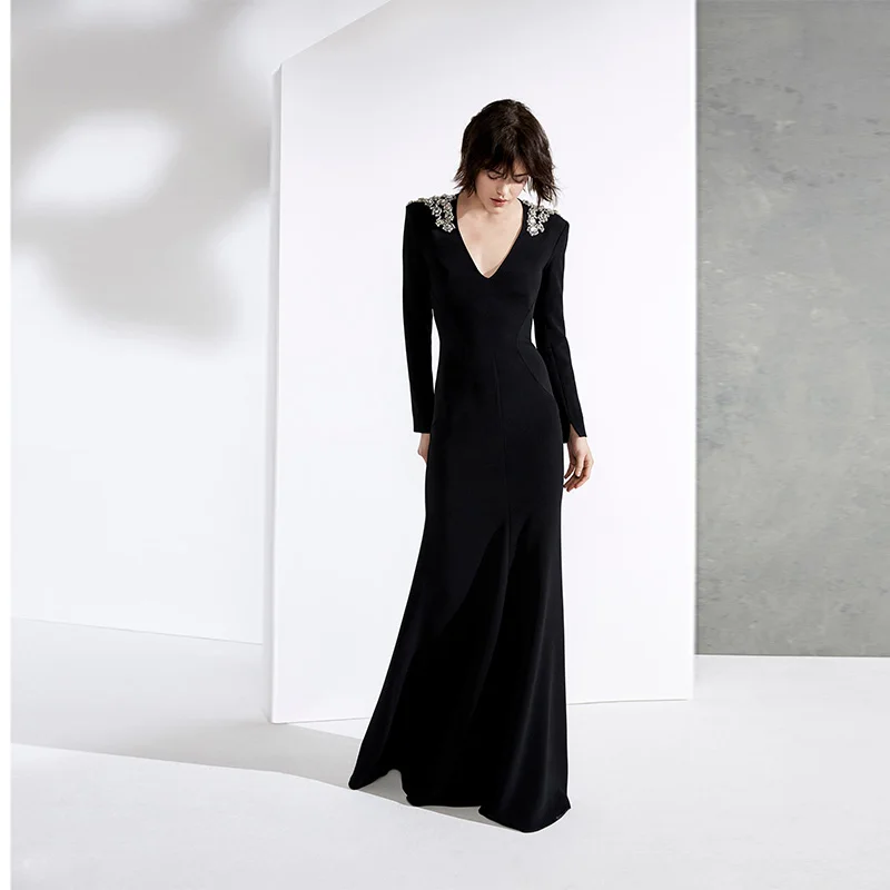 

L398 Hot Sale Black V Neck Long Sleeves mermaid فساتين السهرة vestidos de fiesta فساتين سهره evening dresses