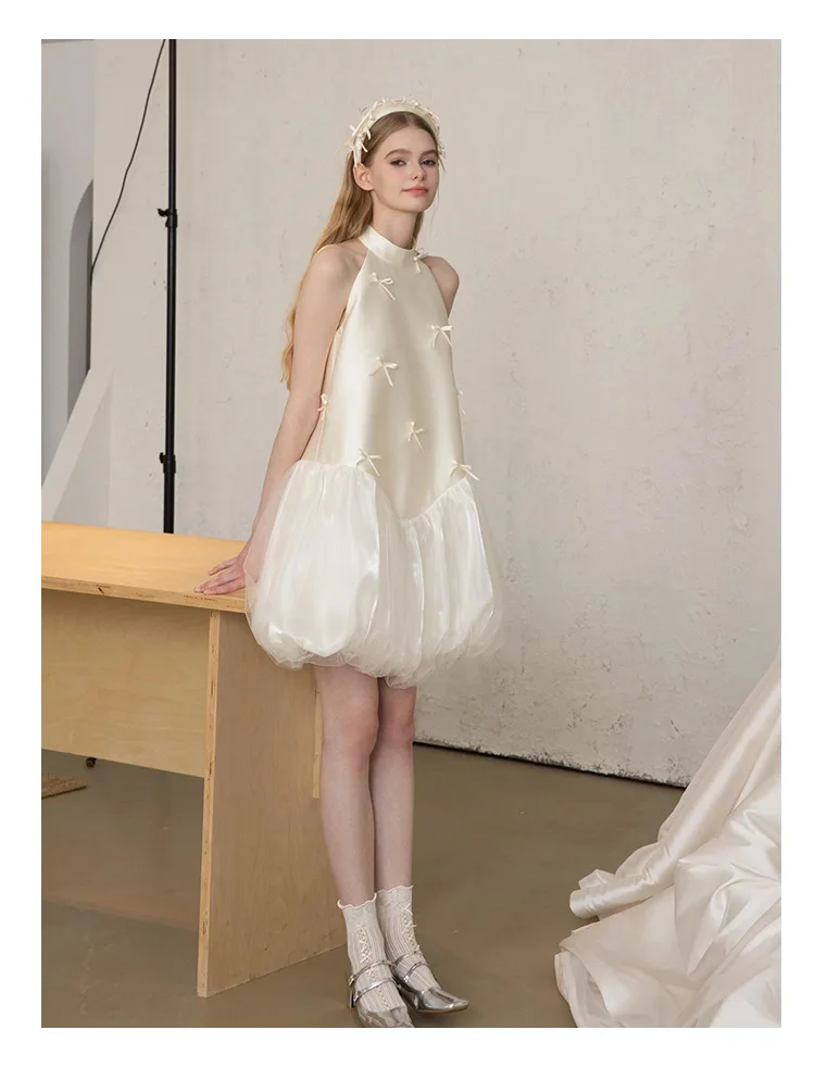 Halter Neck Satin Mini Wedding Dress All Over Tiny Bow Decor Puffy Tulle Bubble Skirt Cute Bridal Elopement Gown Vestidos Novia