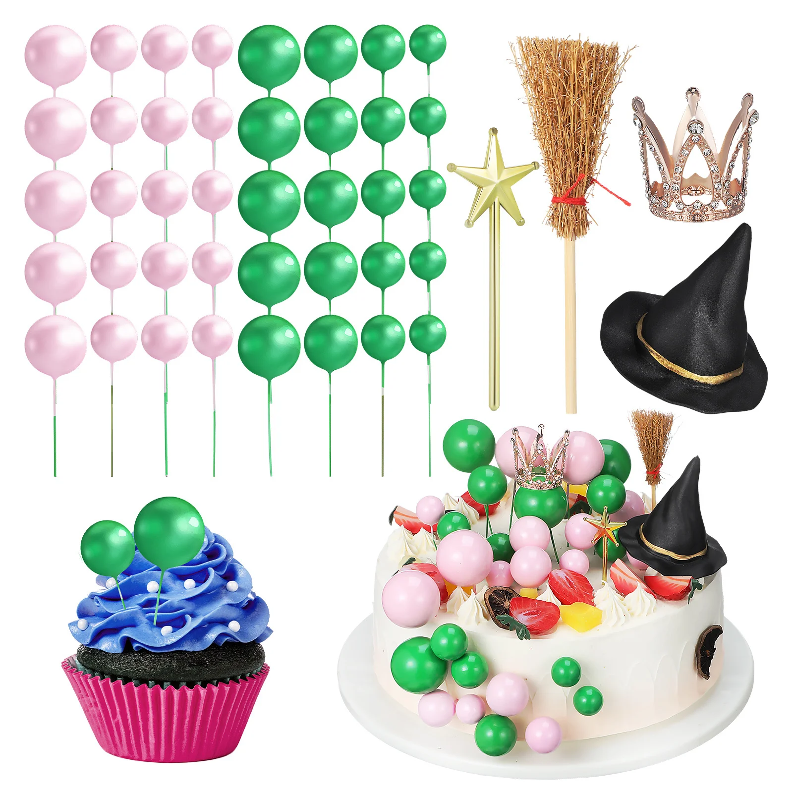 

44Pcs Witch Themed Wicked Cake Decorations Crown Hat Broom Star Wand Mini Balls Halloween Birthday Party Supplies