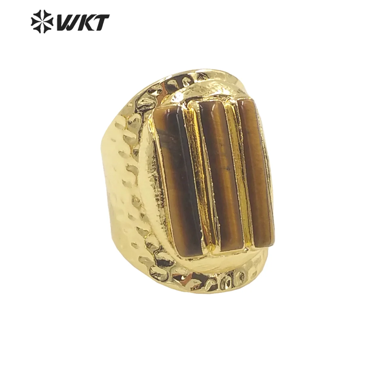 WT-R413 WKT exclusive three stick natural stone cocktail Ring fashion 18k real gold plated resist tarnishable tiger eye stone
