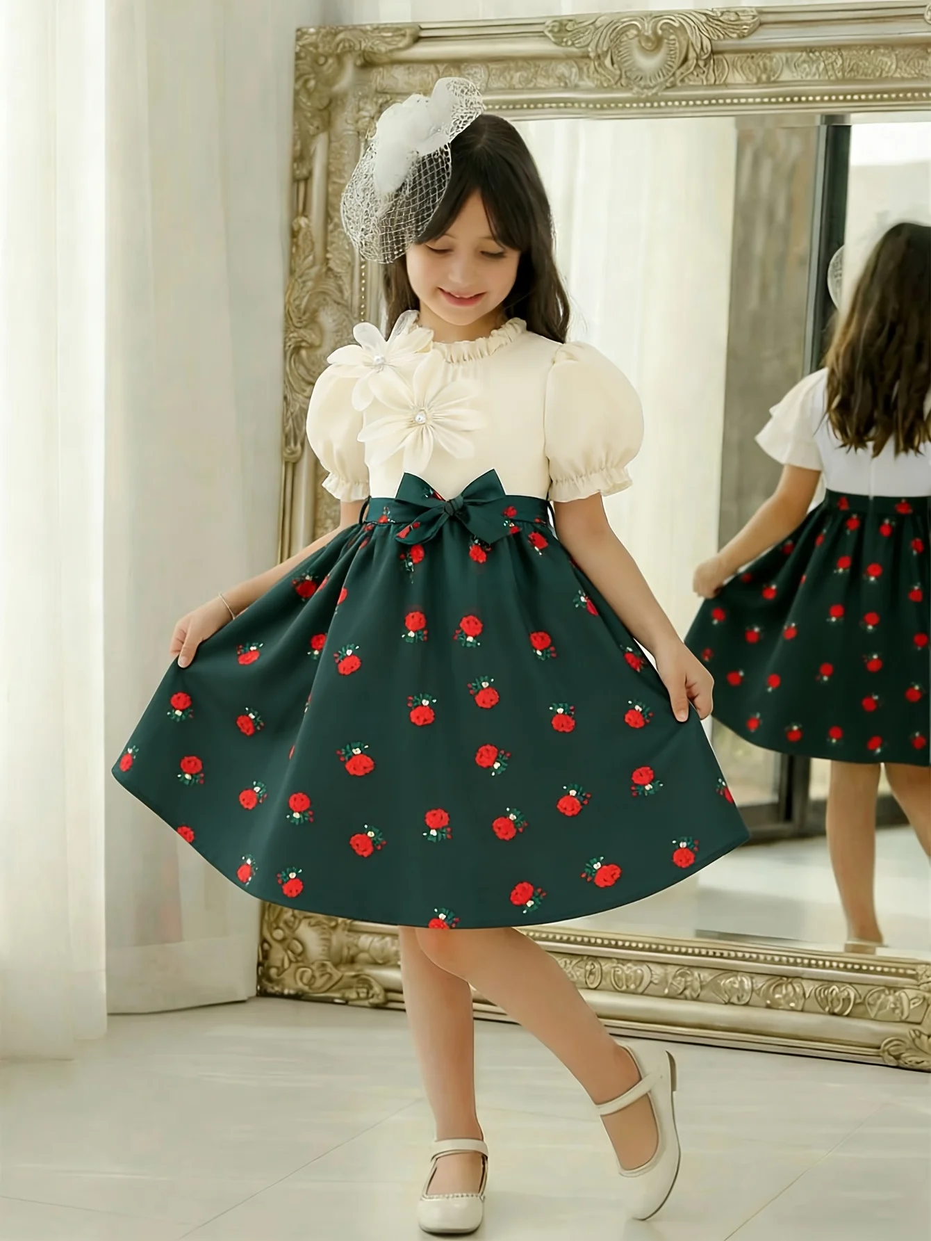 Elegant dress for girls, three-dimensional floral lace collar, retro rose print waist cinching dress (with a belt included)