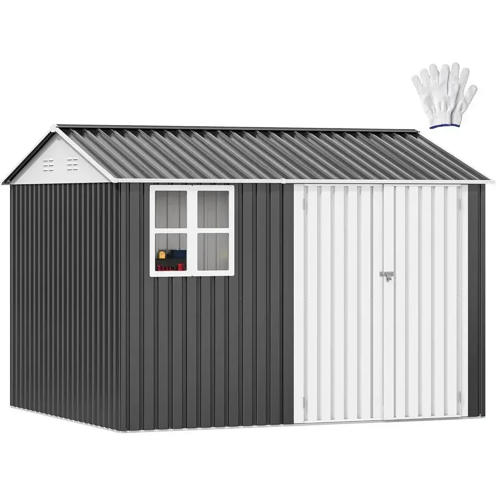10x8ft Outdoor Metal Storage Shed with Window, Lockable, Gray and White