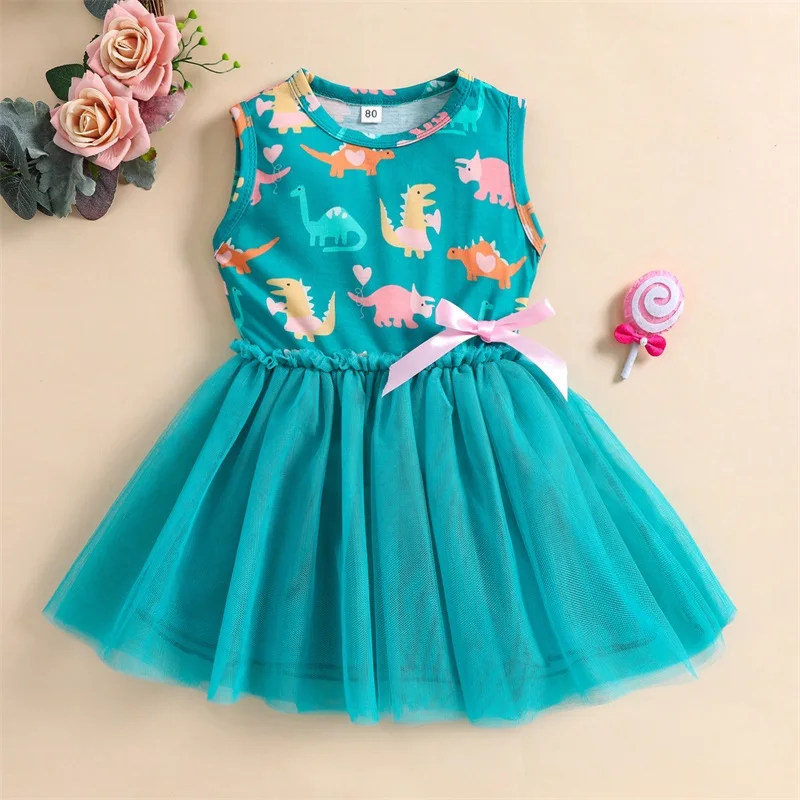 2023 Girls Summer Casual Dress Dinosaur Print Gauze Round Neck Sleeveless Princess Dresses for Kids