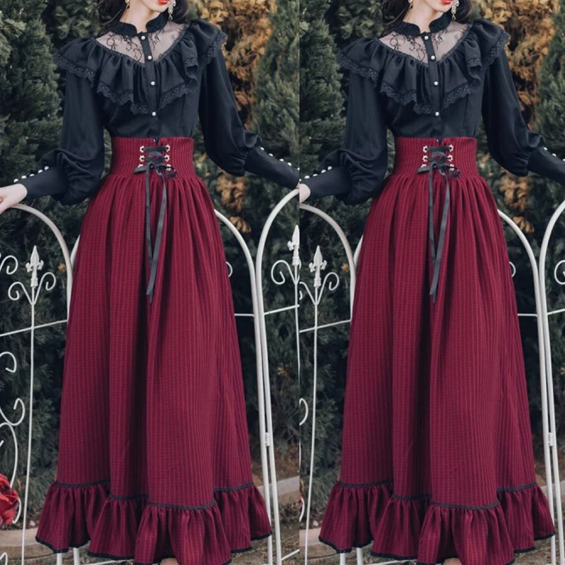 Frauen Vintage Viktorianischen Lolita Midi Rock Zwei Stück Gothic Schwarz Spitze Rüschen Bluse A-linie Rock Weibliche Elegante Süße Kleid Set