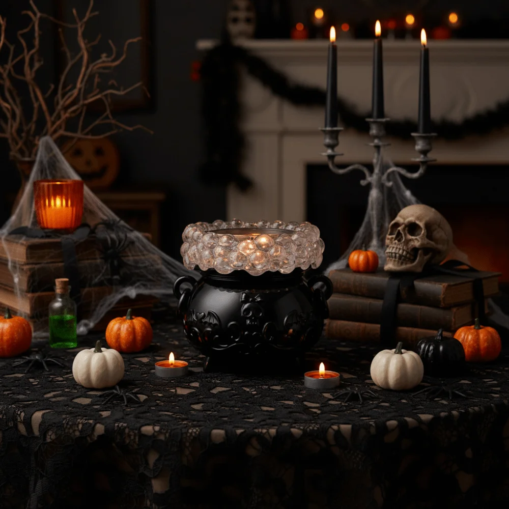 Color-Changing LED Lights Halloween Glowing Bubble Witch Crucible with Remote Control Relief Pattern Crucible Candlestick Resin