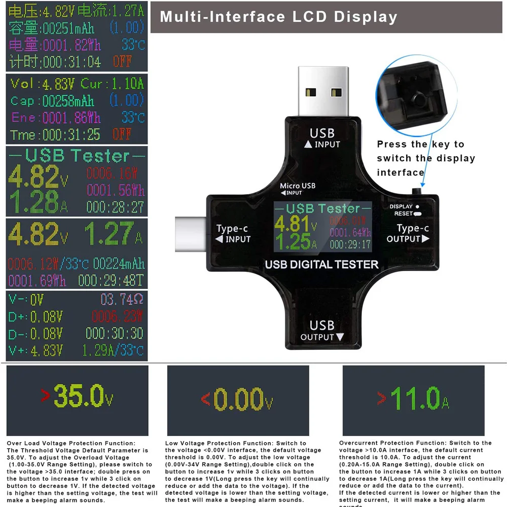 USB Tester Type-C USB-C Tester Voltage Current Tester Detector Reader Multimeter Color Screen for Phone Laptop Power Bank etc.