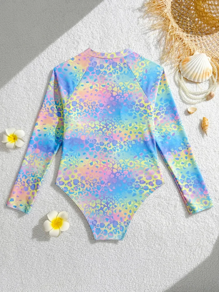 One Piece Girls Kids Swimsuit 2026 New Gradient Long Sleeves Zipper Children Swimwear Summer Beachwear Bathing Suit For Swimming