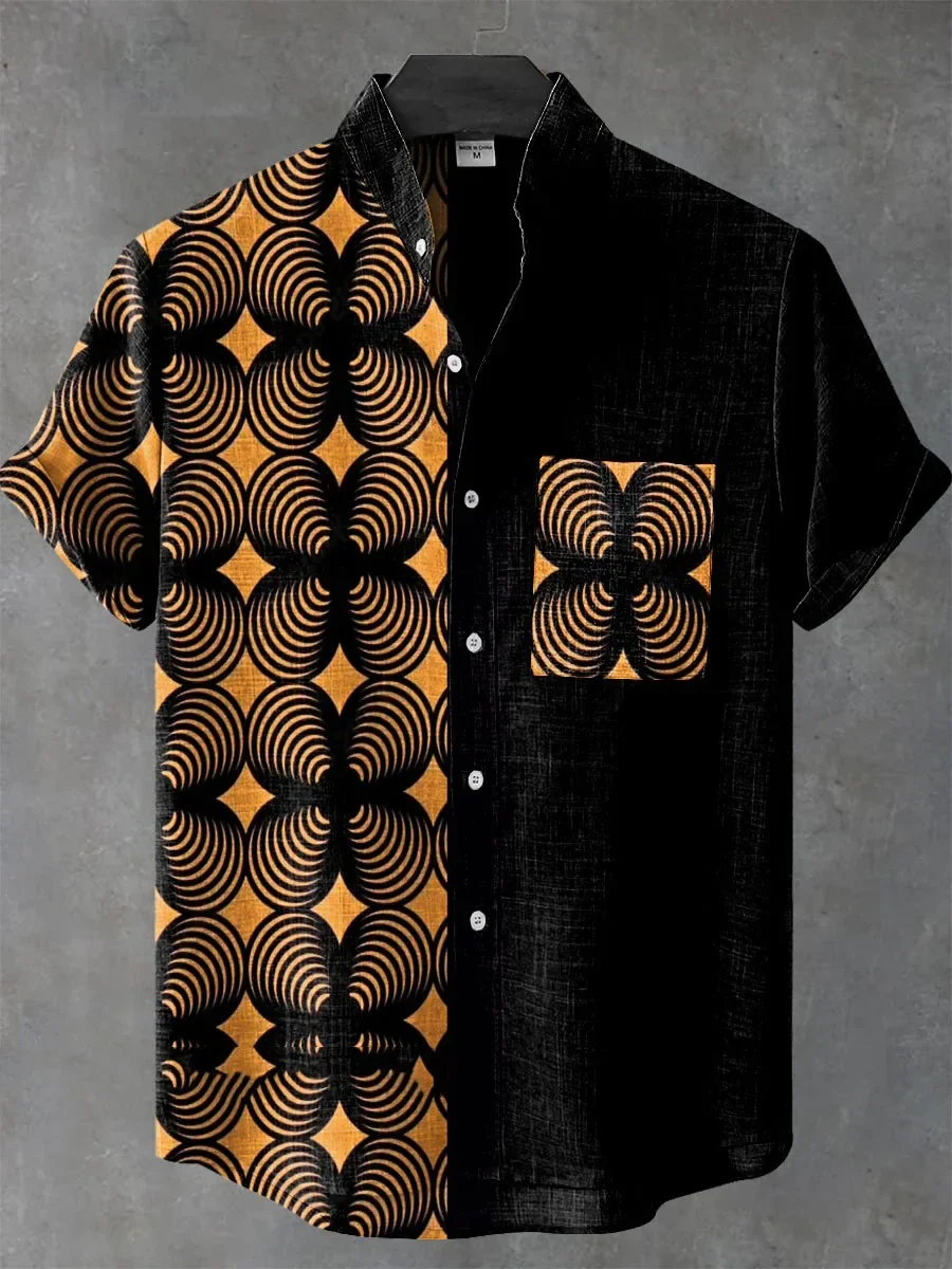 

New summer ethnic style short sleeved shirt with printed casual design, men's summer short sleeved shirt with fashionable button