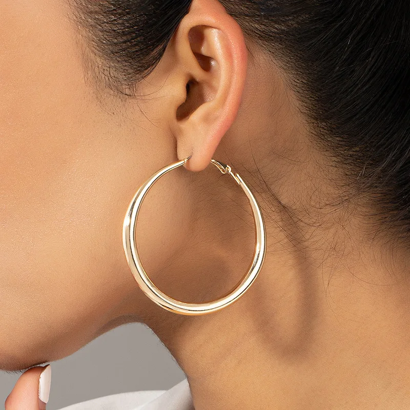 Korean Fashion Gold Plated Earrings for Women Smooth Big Round Hoop Earrings Wedding Party Engagement Exquisite Jewelry