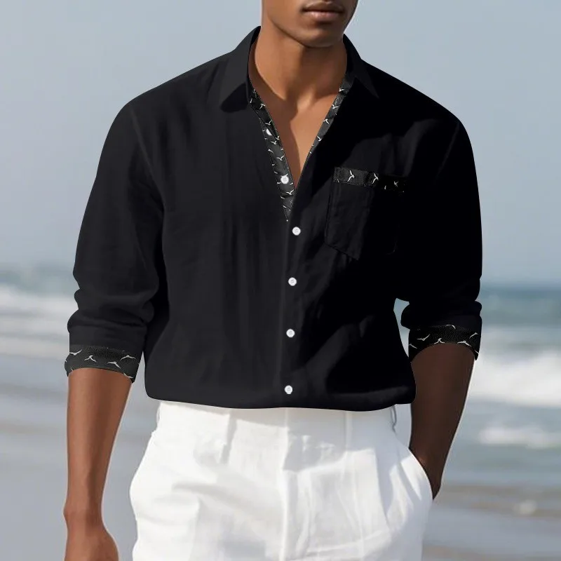 Outono e inverno novo linho de manga comprida camisa masculina simples impresso lapela casual topo masculino