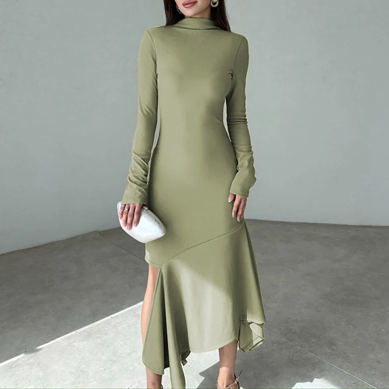 New Autumn Sexy Side Split Swing Dress Fashion Long Sleeved Solid Color Office Dress Elegant Half High Collar Slim Women's Dress