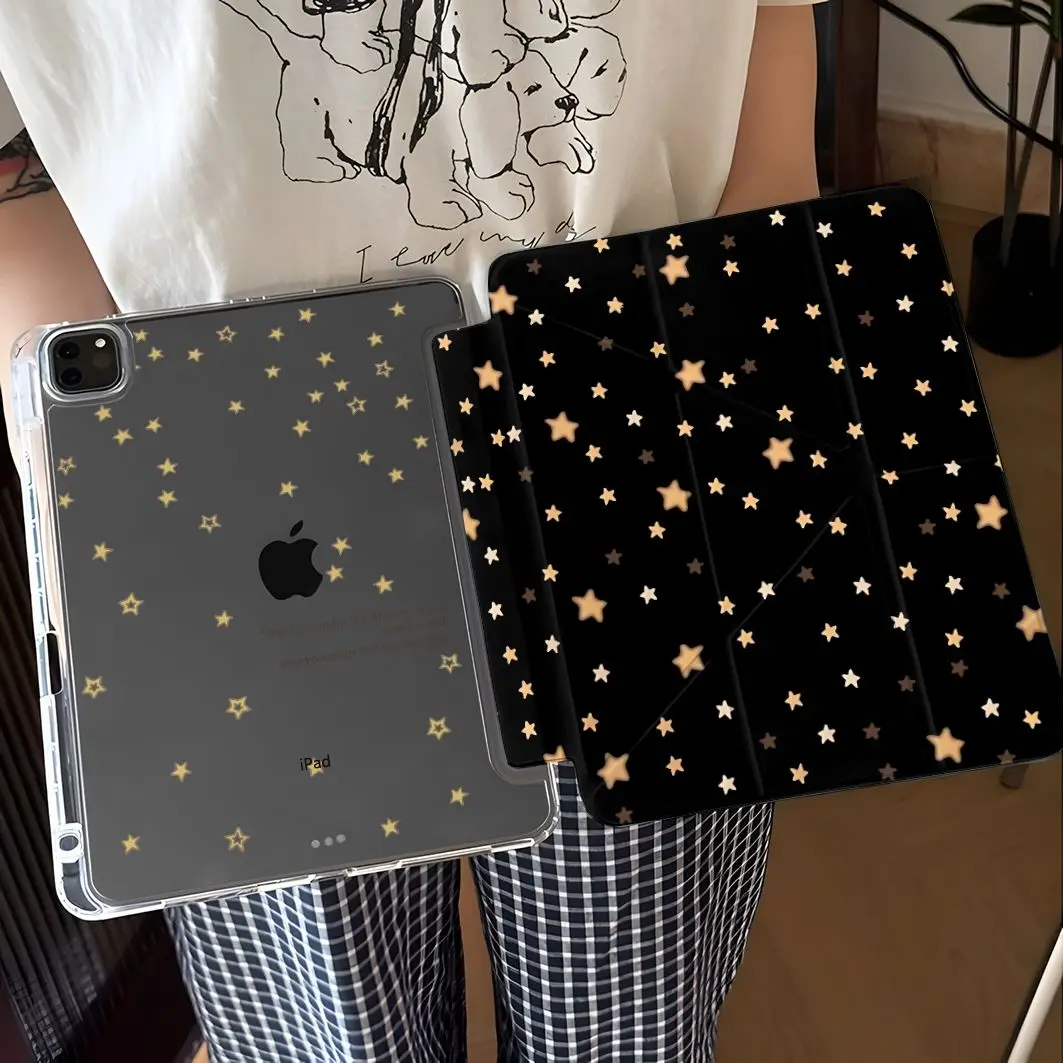 Black Yellow Stars iPad Case For iPad Pro 11 13in 2025 iPad Pro 12.9in Air7 10th 11th M4/5 3+y Fold Anti-fall Protective Cover