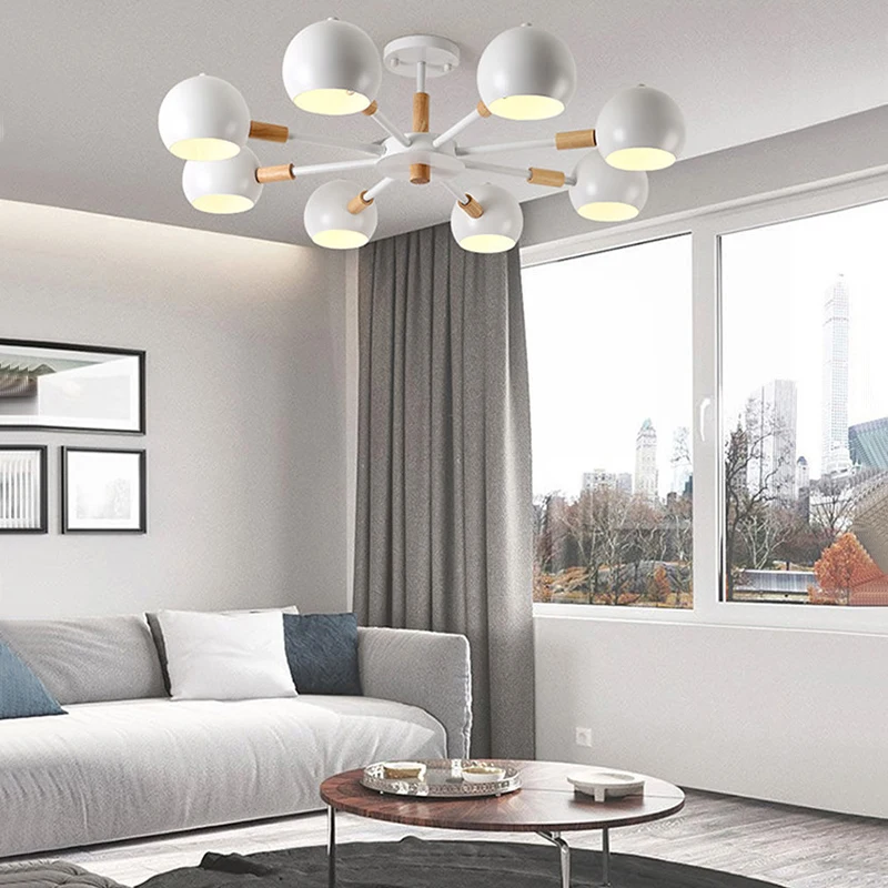 Minimalist Modern E27 Living Room Bedroom spherical Chandelier Round Lamp Hotel Wooden Dining Room Iron Art Lighting Chandelier