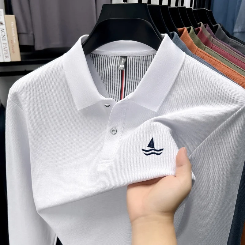 

100% cotton long sleeve polo shirt men's fashion brand small sailboat embroidery autumn comfortable casual Korean lapel T-shirt
