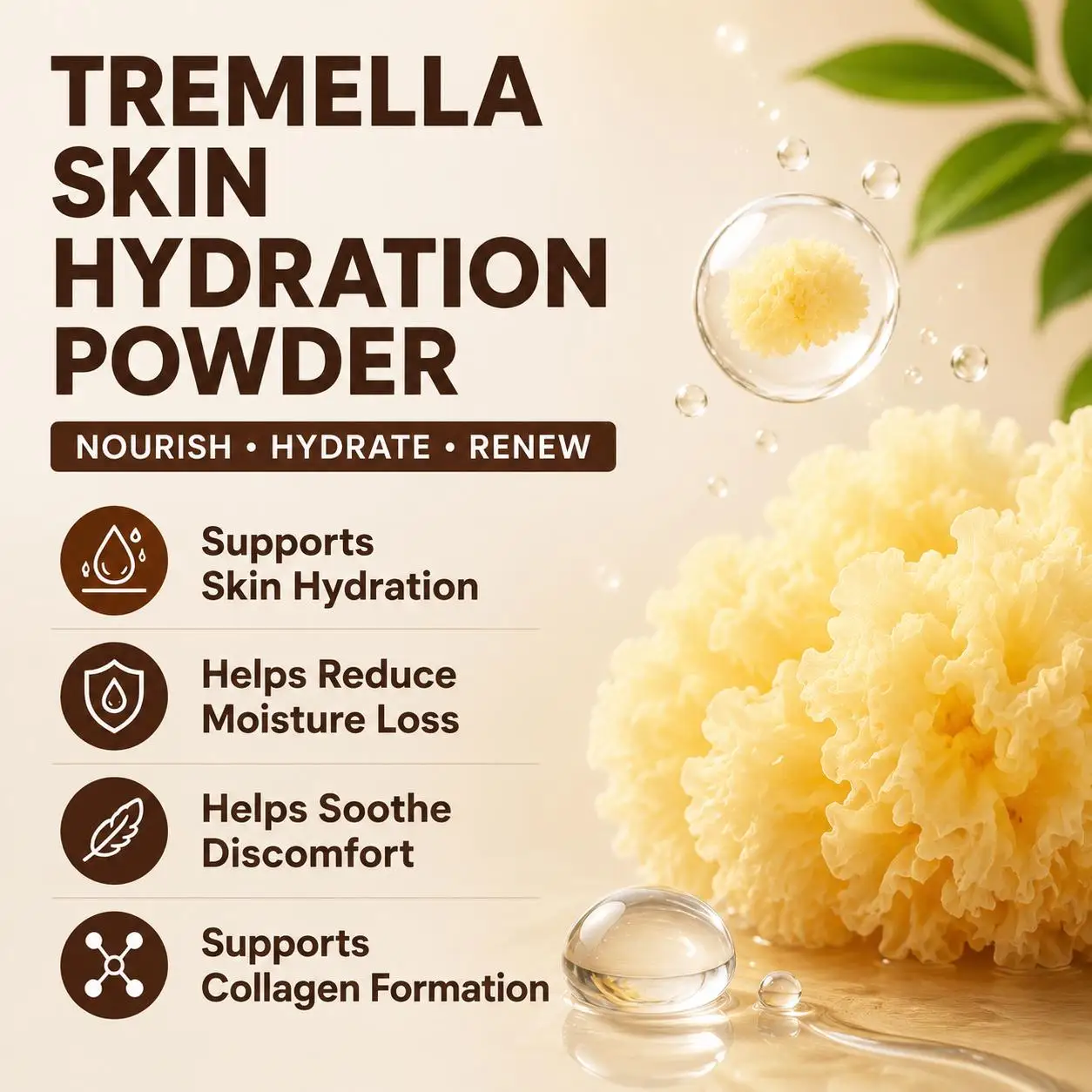 Tremella Mushroom Powder 5000mg with 1000mg Beta-Glucans, Filler-Free Radiance Booster, for Glowing Skin & Skin Hydration, 100g