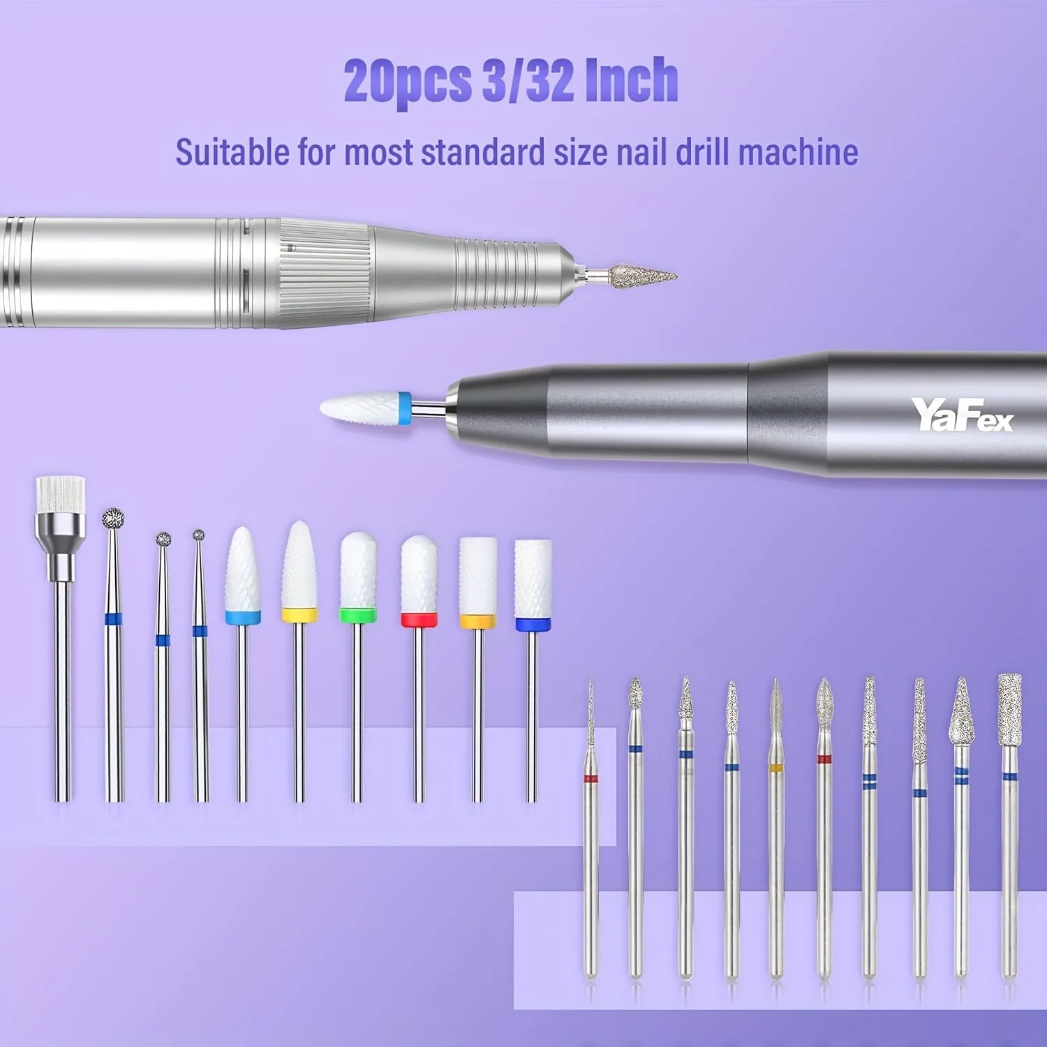 3/32" Kit 20 Professional Nail Drill Bit Sets, Ceramic And Diamond Nail File Heads, Electric Drill Trimming Nail Drill Bits for
