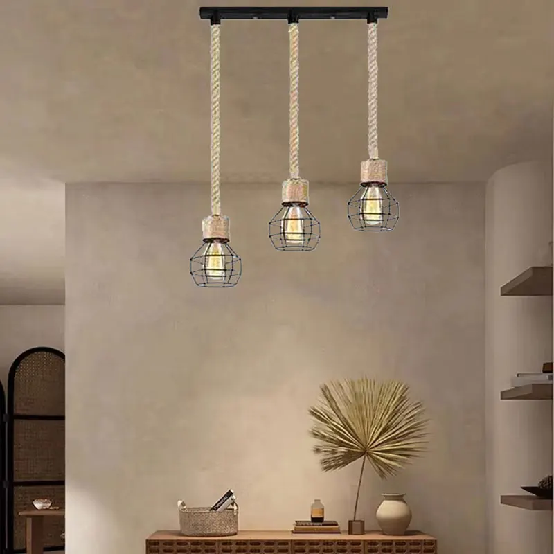 Retro Industrial Hemp Rope Pendant Lamp American Vintage Personalized Restaurant Bar Cafe Clothing Dining Pendant Light