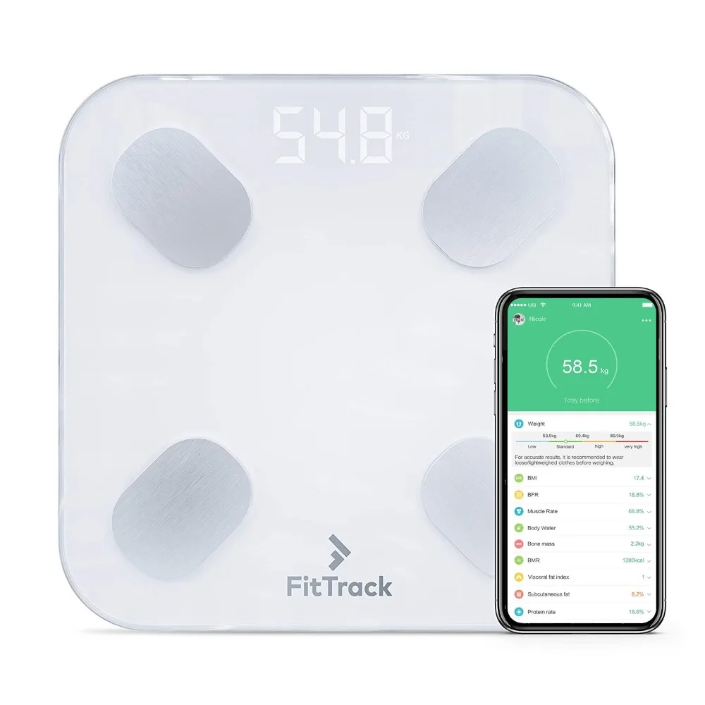 

FitTrack Dara Smart BMI Digital Scale - Measure Weight and Body Fat - Most Accurate Bluetooth Glass Bathroom Scale (White)