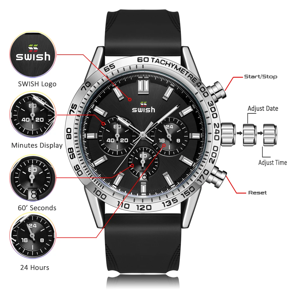 Current Popularity Men WristWatches Rubber Band Chronograph Date Mens Business Male quartz Watch Waterproof Luxuries