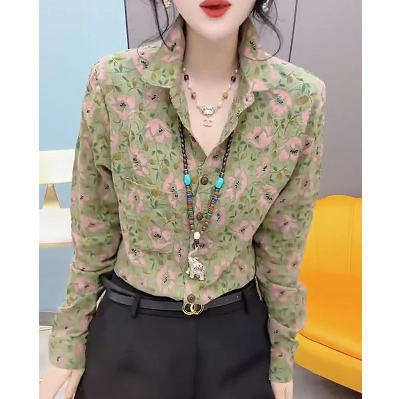 Women Stylish Vintage Floral Print Button Up Shirt Casual Lapel Pocket Cotton Linen Blouse Spring Autumn Long Sleeve Loose Tops