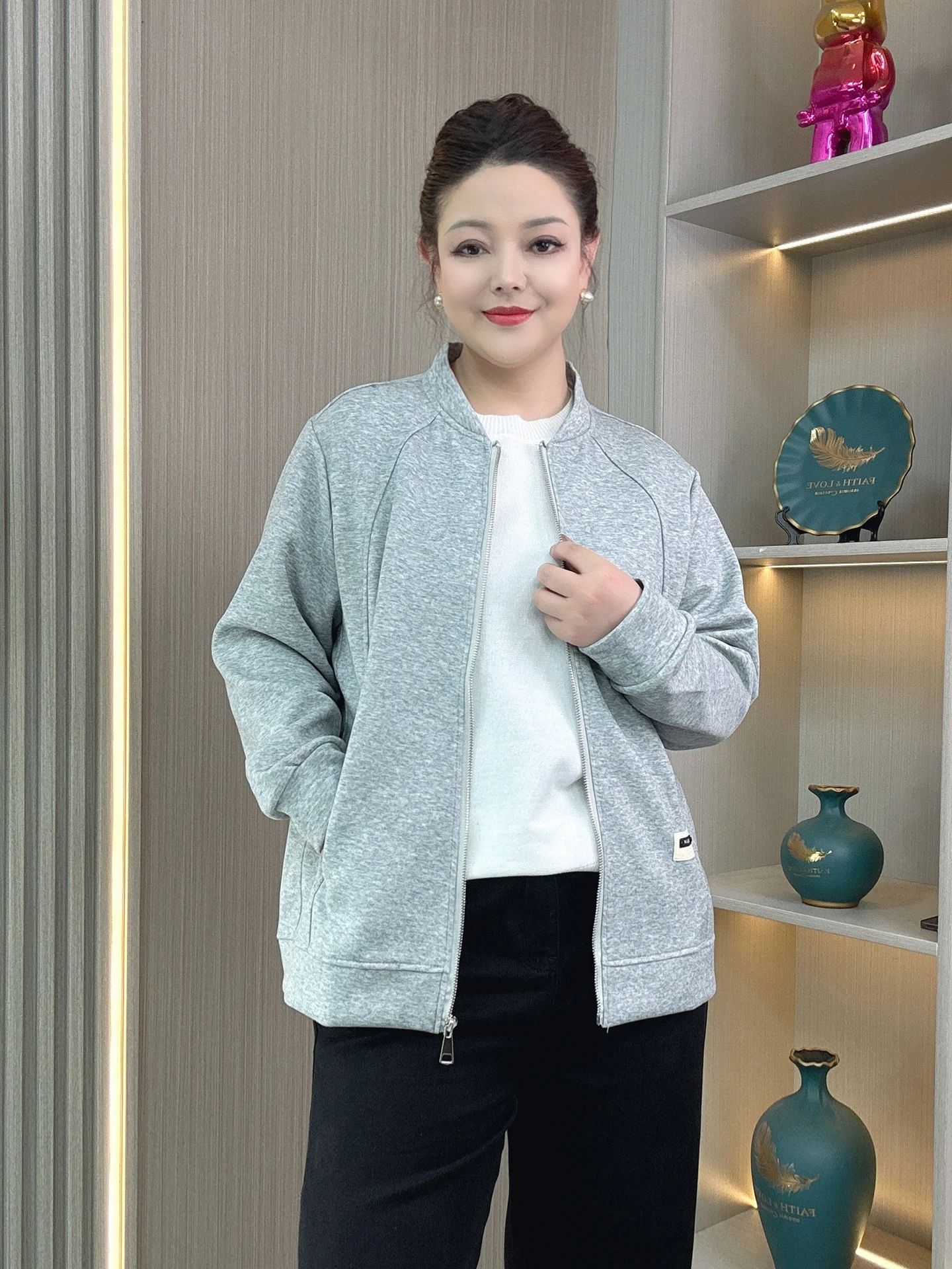 

Spring Autumn plus Size Women's Casual Zipper Jacket Open Cardigan Outerwear Loose Slimming Belly Covering High Collar Baseba...