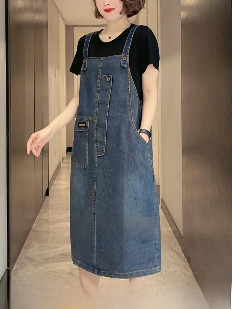 

Summer Casual High Waist Denim Overalls Women's Two-Piece Dr Set Loose Fit Stand Edition Waed Effect Deep Color