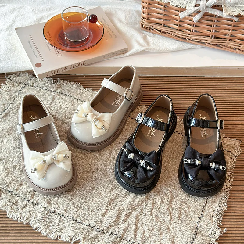 

2-18 Years Old Children Leather Shoes Beige Soft Bottom Bow Girls Princess Shoes Spring Autumn Non-slip Kid Baby Single Shoes