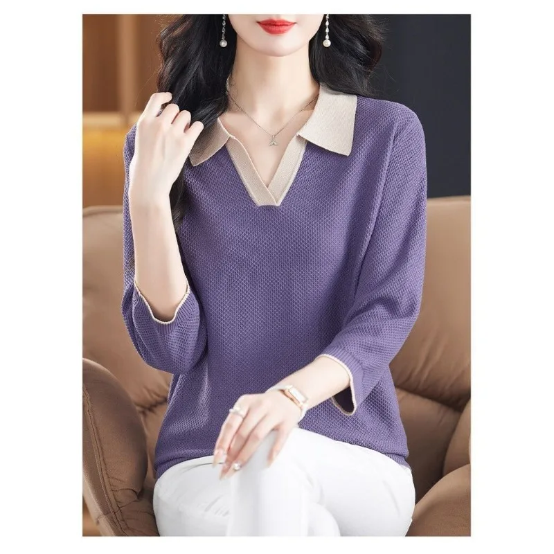 Women's New Patchwork Fashion Solid Color Loose Bottoming Lapel Three-quarter Sleeve Sweater Top