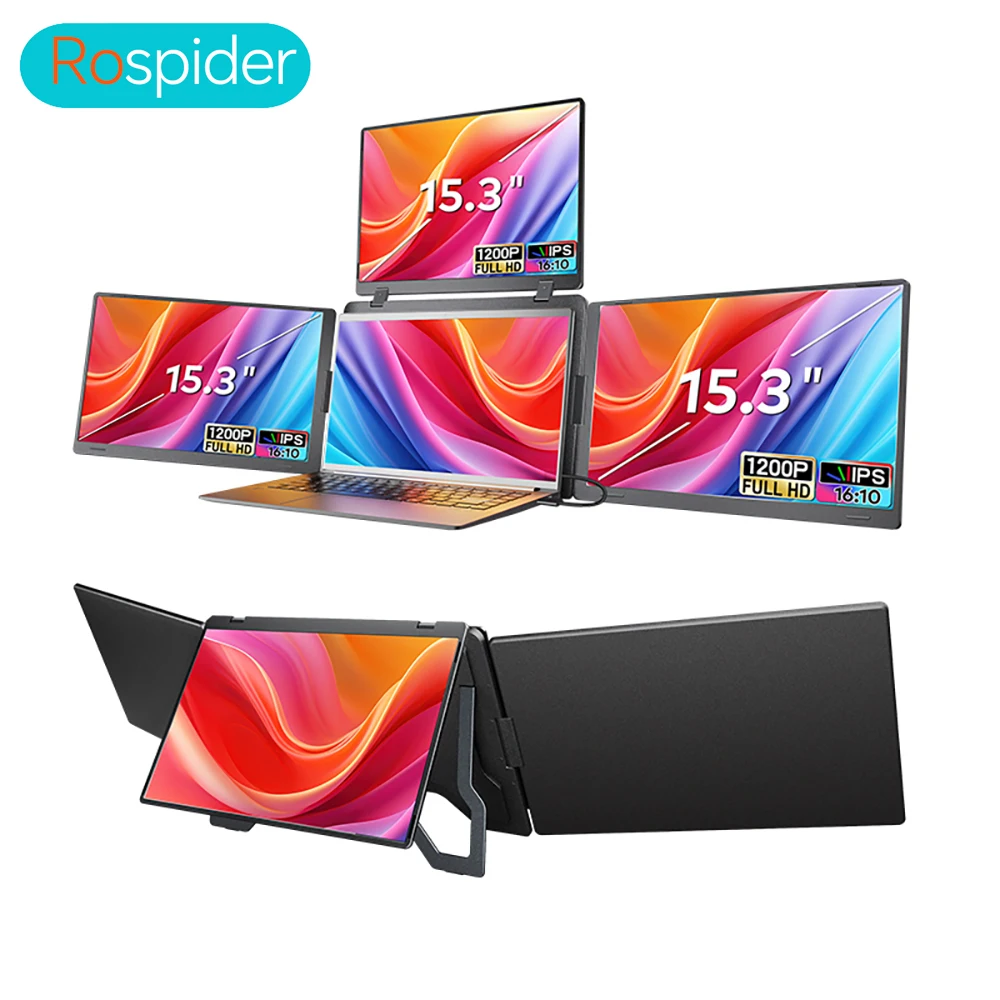 

Тройной экран-расширитель Rospider 15 дюймов для ноутбуков, HD IPS, квадропанельный дисплей, для MacBook и Windows, портативный расширяемый монитор 12–16 дюймов