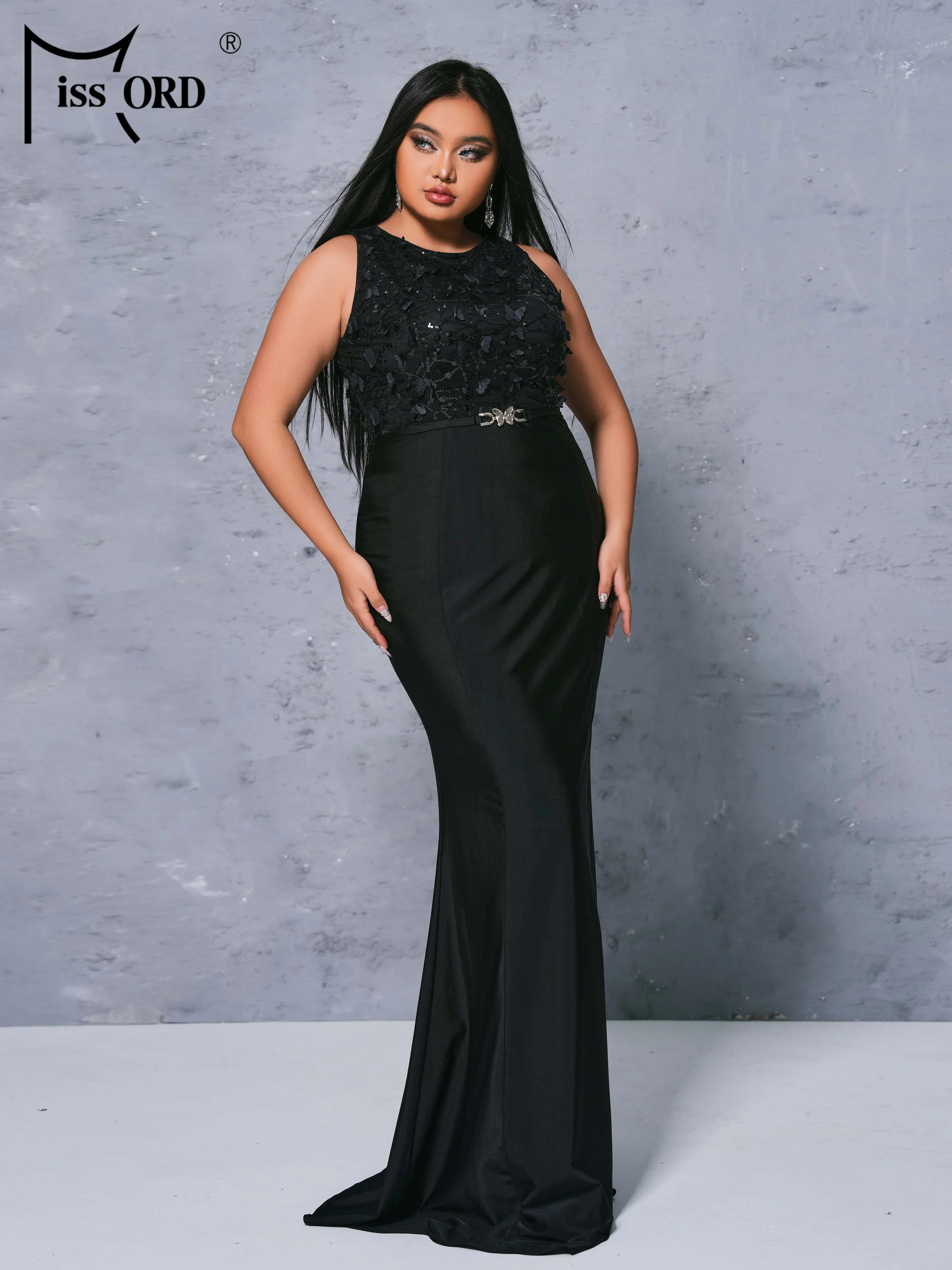 Missord Plus Size Round Neck Sleeveless Panel Black Mermaid Evening Large Evening Formal Occasion Dresses