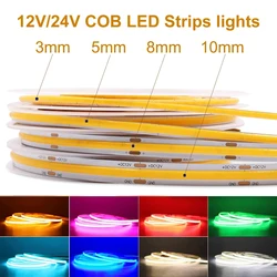 COB LED Strip Light 12V 24V 3mm 5mm 8mm 10mm PCB LED Strip Ice Blue/Green/Red/Yellow/2700K/3000K/4000K/6000K COB LED Tape Decor