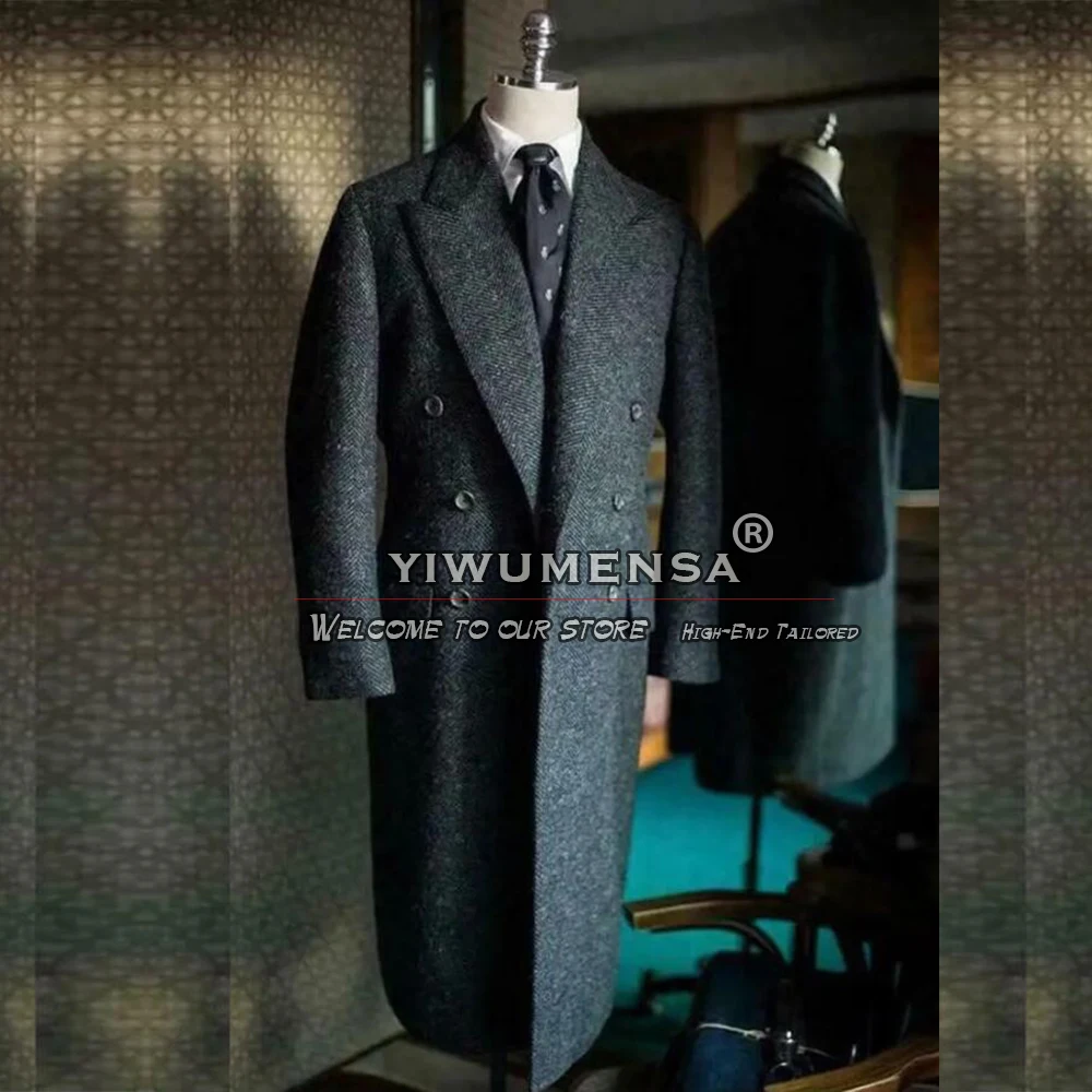 Man Suit Jackets Customized Double Breated Tweed Wool Trench Coat Long Business Office Prom Blazer Evening Dinner Party Overcoat