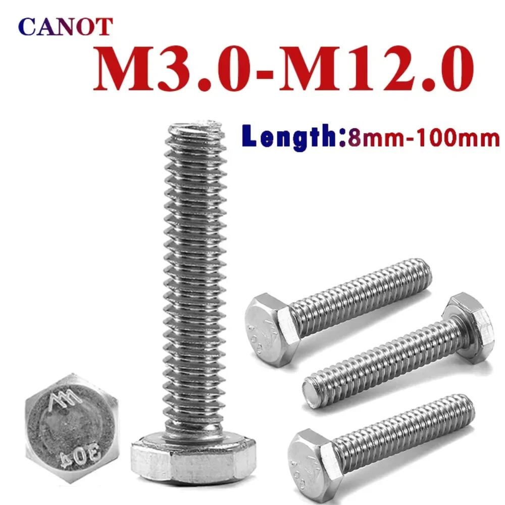 304 Stainless Steel Hexagon Head Bolt M3 M4 M5 M6 M8 M10 M12 Full Thread External Hex Hexagon Head Screws DIN933