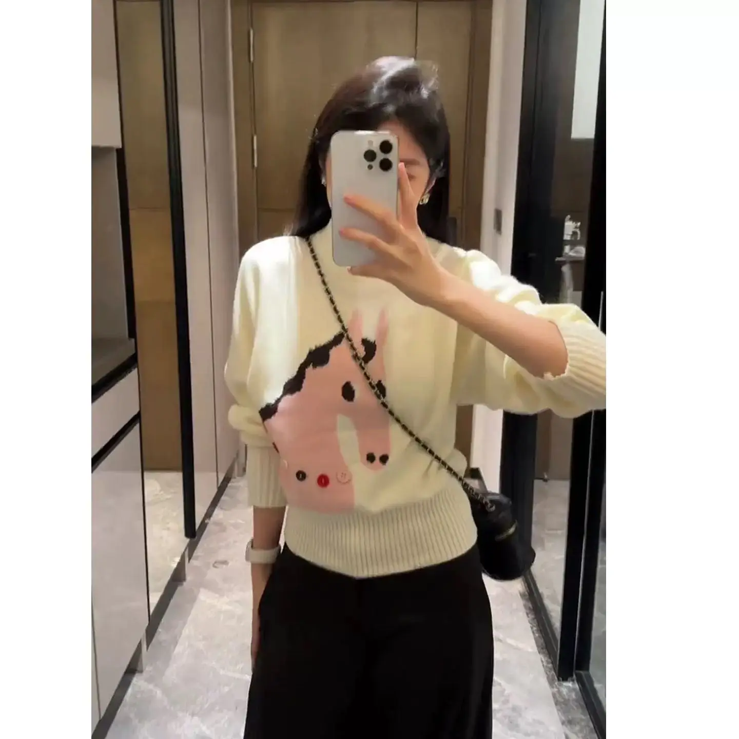 

Корейский мягкий уютный вязаный свитер с круглым вырезом и мультяшным принтом для женщин, осенне-зимний, облегающий, модный, новогодний свитер