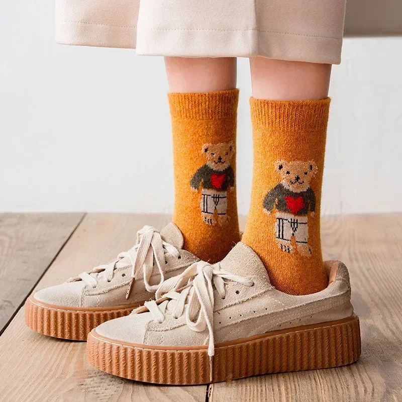 Cartoon Little Bear Socks Women Autumn Winter Thick Warm Socks Korean Style Cute Kawaii  Harajuku Designer Fashion Socks Female