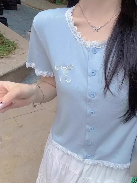 

Sweet ort кружевная футболка с бантиками в Корейском стиле для похудения, летнее новое поступление, женский модный топ с круглым узлом Ne