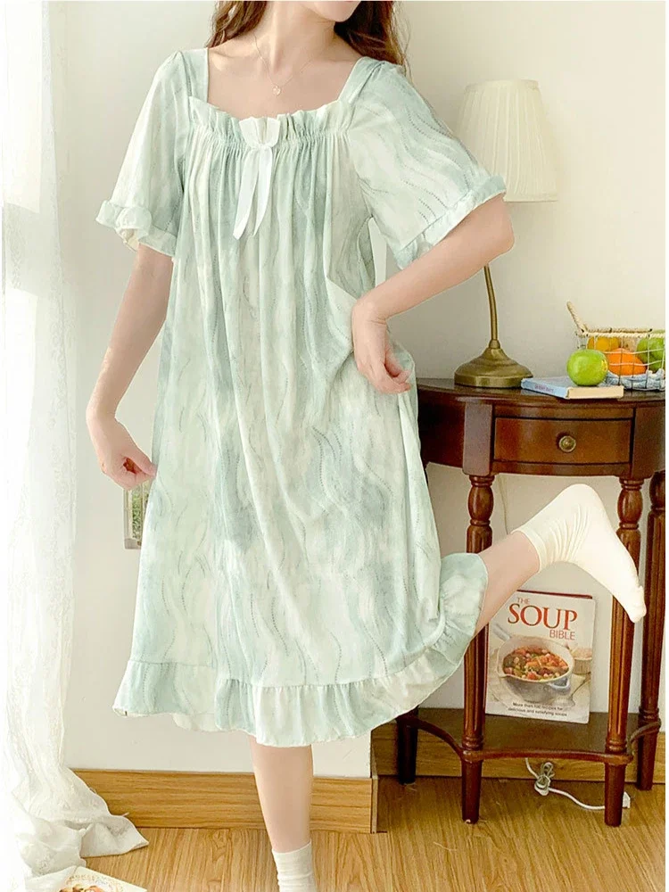 Plus Size Women Nightgown Summer Ice Silk Loose Sleep Dress Girl Squre Neck Short Sleeve Pajamas Home Clothes Loungewear 5XL