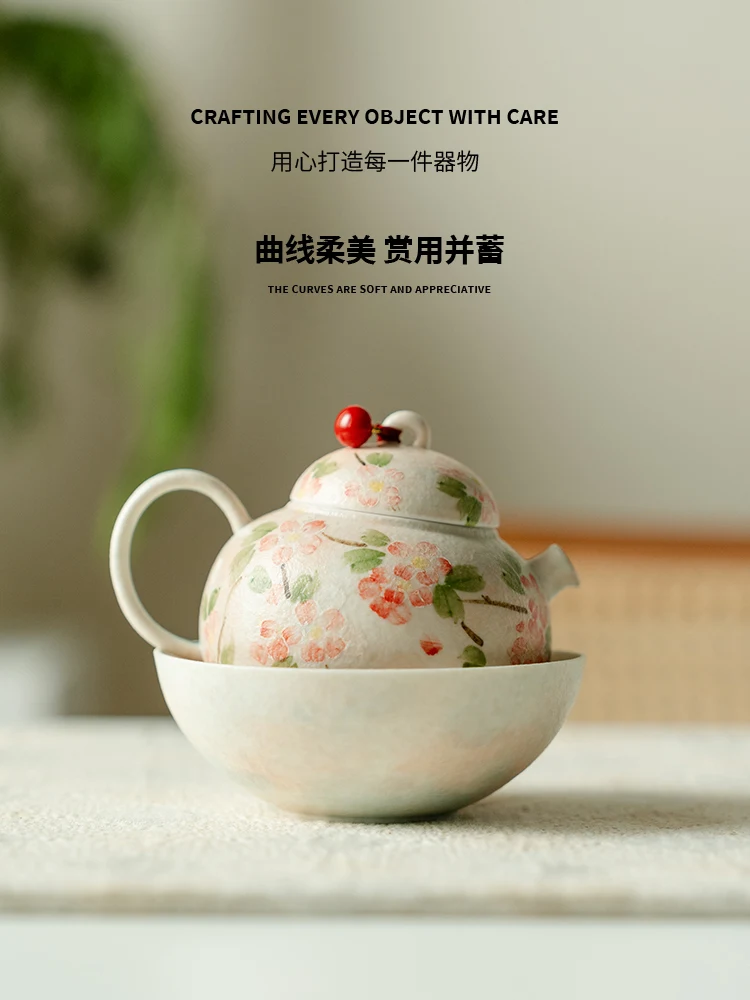 Rock Mine White Pure Hand Drawing Peach Blossom Blossoming Teapot for Ladies Personal Special Tea Making Single Porcelain