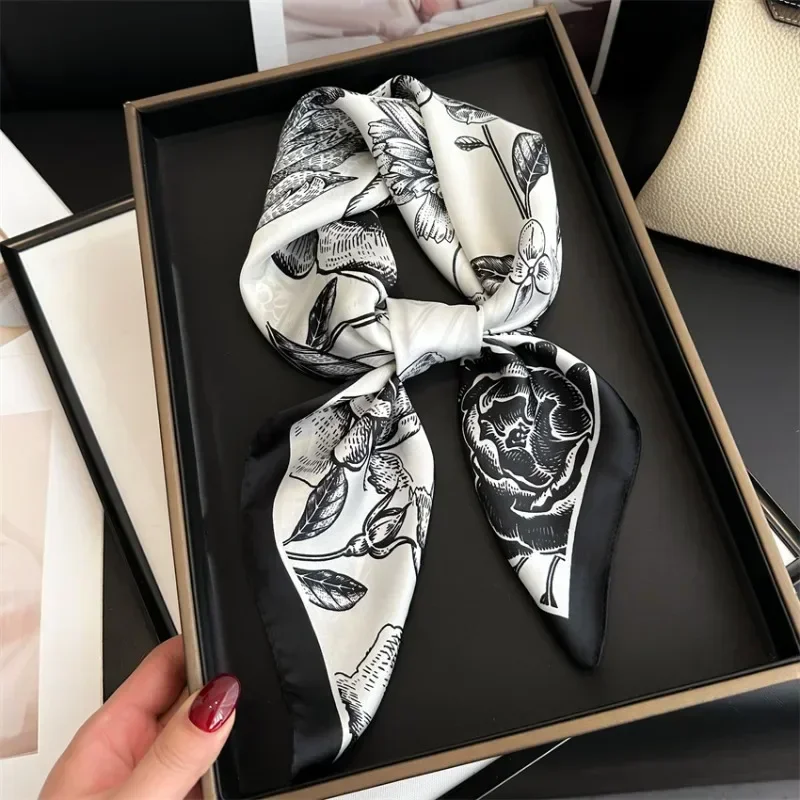 Luxury Fashion Print Silk Square Scarf Women Soft Satin Hairbands Neckerchief Tie Female Headband Foulard Bag Ribbon Black 70cm