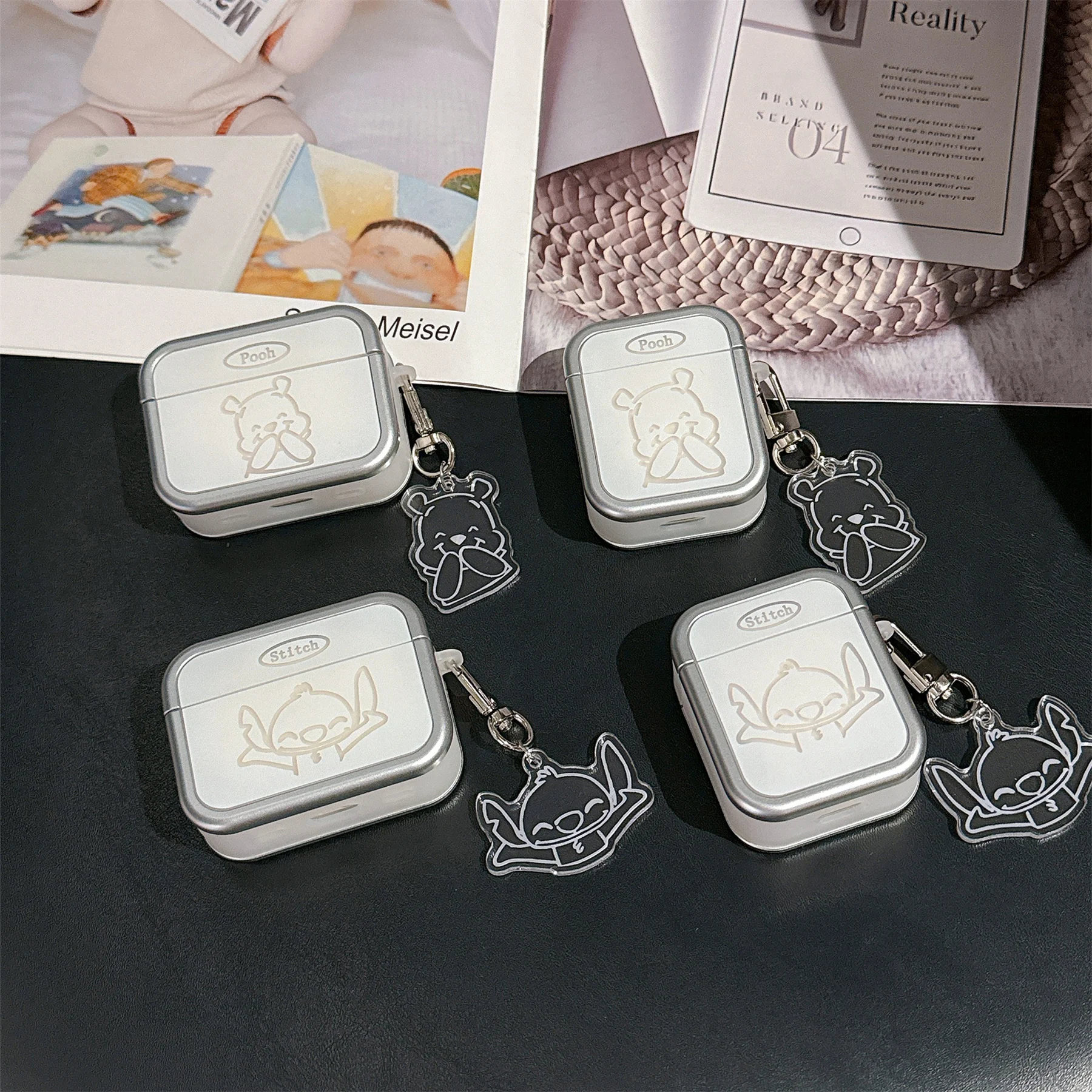 

Disney Cartoon Character Pooh Bear and Stitch Silver Solid Color Style Earphone Case For AirPods 4 3 2 1 Pro2 With Pendant Cover