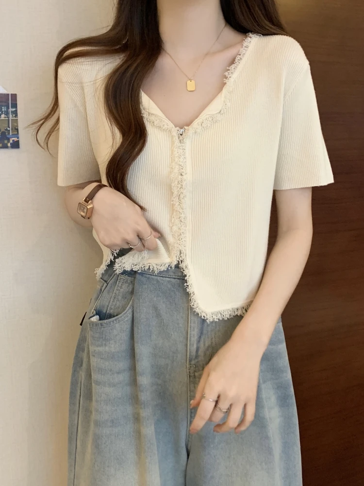 

Slimming Short V-neck Open Cardigan Women's Summer New Style plus Size MM Luxury Feel Top Korean Style Commute Fashion
