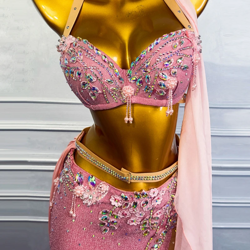 ผู้หญิงที่กําหนดเองหรูหรา Rhinestone Bra + กระโปรงยาว 3 ชิ้นสาว Oriental Dance Performance ชุด Elegant Belly Dancer เครื่องแต่งกาย
