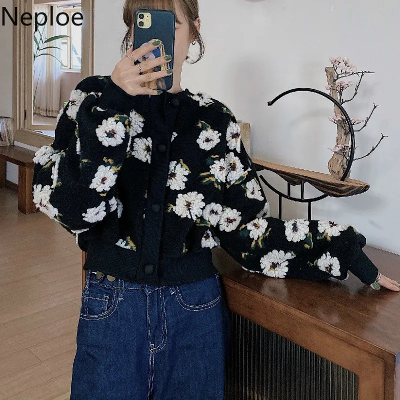 Neploe Floral Jackets Vintage Crop Puff Sleeve Jacket Women Autumn Winter Clothes Korean Fashion Coats Female Tops Outwear