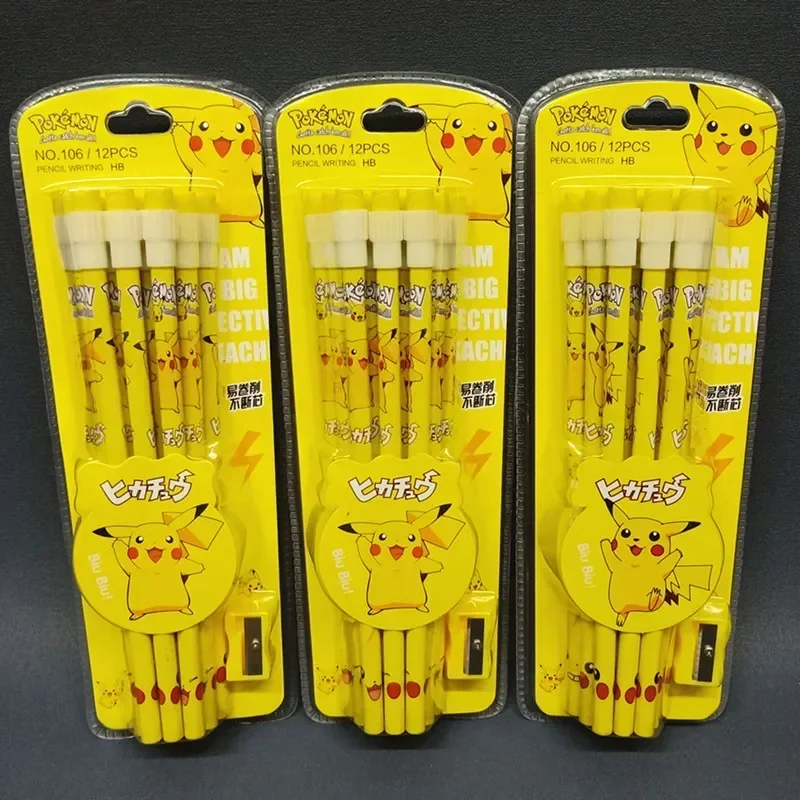 Ensemble de crayons en bois Pokémon HB, dessin animé Anime, gomme à crayons, école de papeterie pour enfants et étudiants, cadeaux d'ouverture, ensemble de 12 pièces