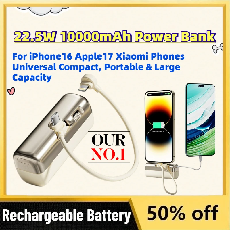 Cargador Portátil Mini de Carga Rápida de 22.5W y 10000mAh para iPhone 16, Apple 17, Teléfonos Xiaomi, Universal, Compacto, Portátil y de Gran Capacidad