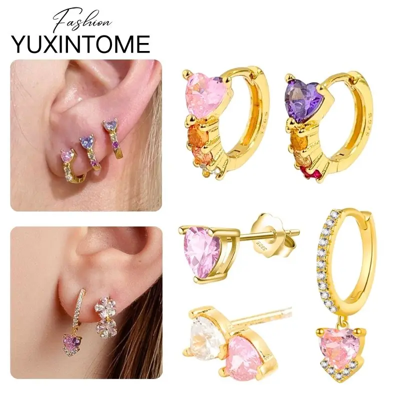 

925 Sterling Silver Ear Needle Pink Heart Shape Hoop Earrings Women's Exquisite Multicolor Heart Stud Earrings Fashion Jewelry