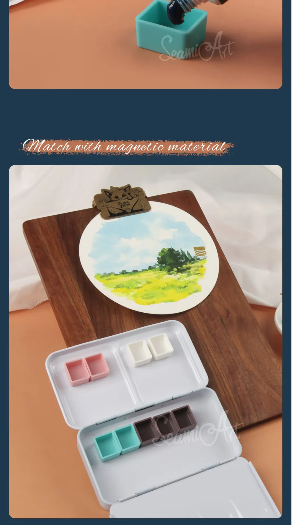SeamiArt 50 Stück magnetische Halbfläschchen in vier Farben für Aquarellfarben, Unterverpackung in Blechdose, Palette, Malwerkzeuge, Kunstbedarf – Detail 4